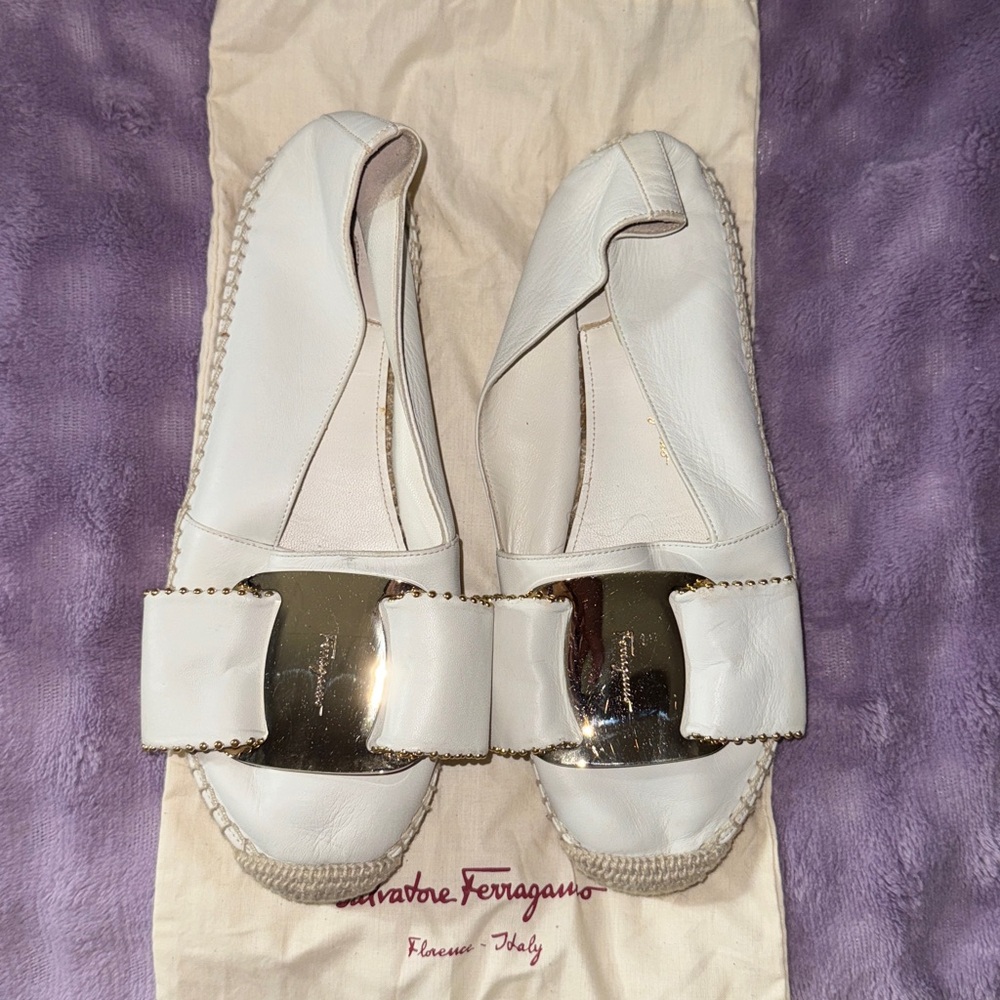 Salvatore Ferragamo White Loafers with Gold Accent